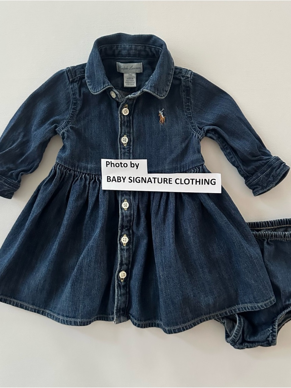 Ralph Lauren 3 Months Baby Girl Dark Blue Denim Shirt Dress with Bloomers